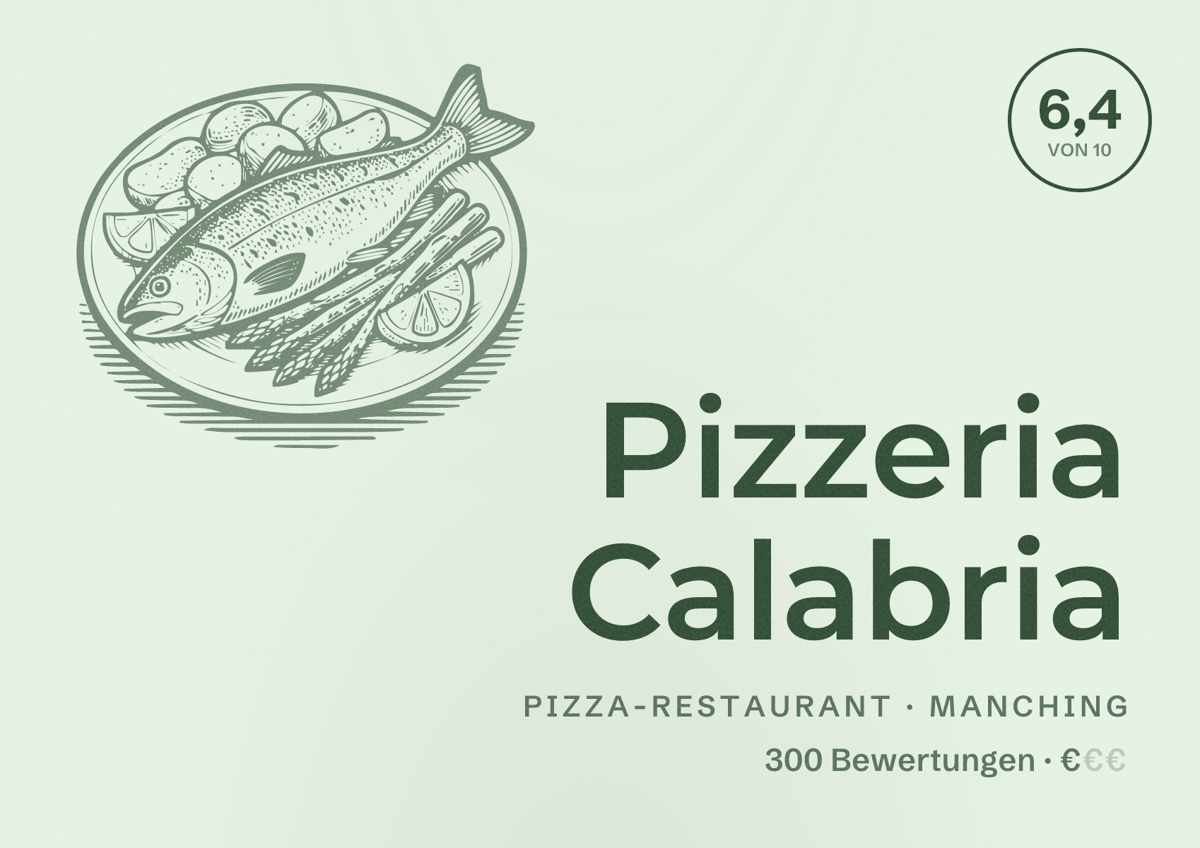 Illustriertes Poster von Pizzeria Calabria, Pizza-Restaurant in Manching: Bewertung 6,4 von 10 aus 300 Bewertungen, Preisniveau €