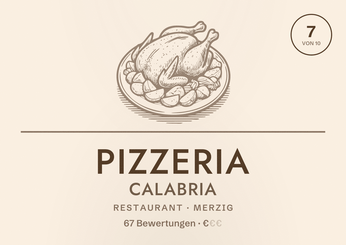 Illustriertes Poster von Pizzeria Calabria, Restaurant in Merzig: Bewertung 7 von 10 aus 67 Bewertungen, Preisniveau €