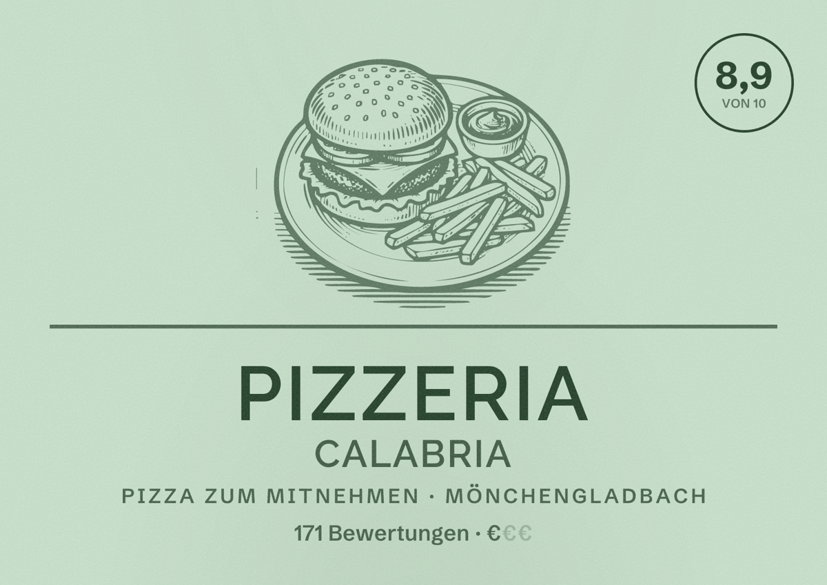 Illustriertes Poster von Pizzeria Calabria, Pizza zum Mitnehmen in Mönchengladbach: Bewertung 8,9 von 10 aus 171 Bewertungen, Preisniveau €