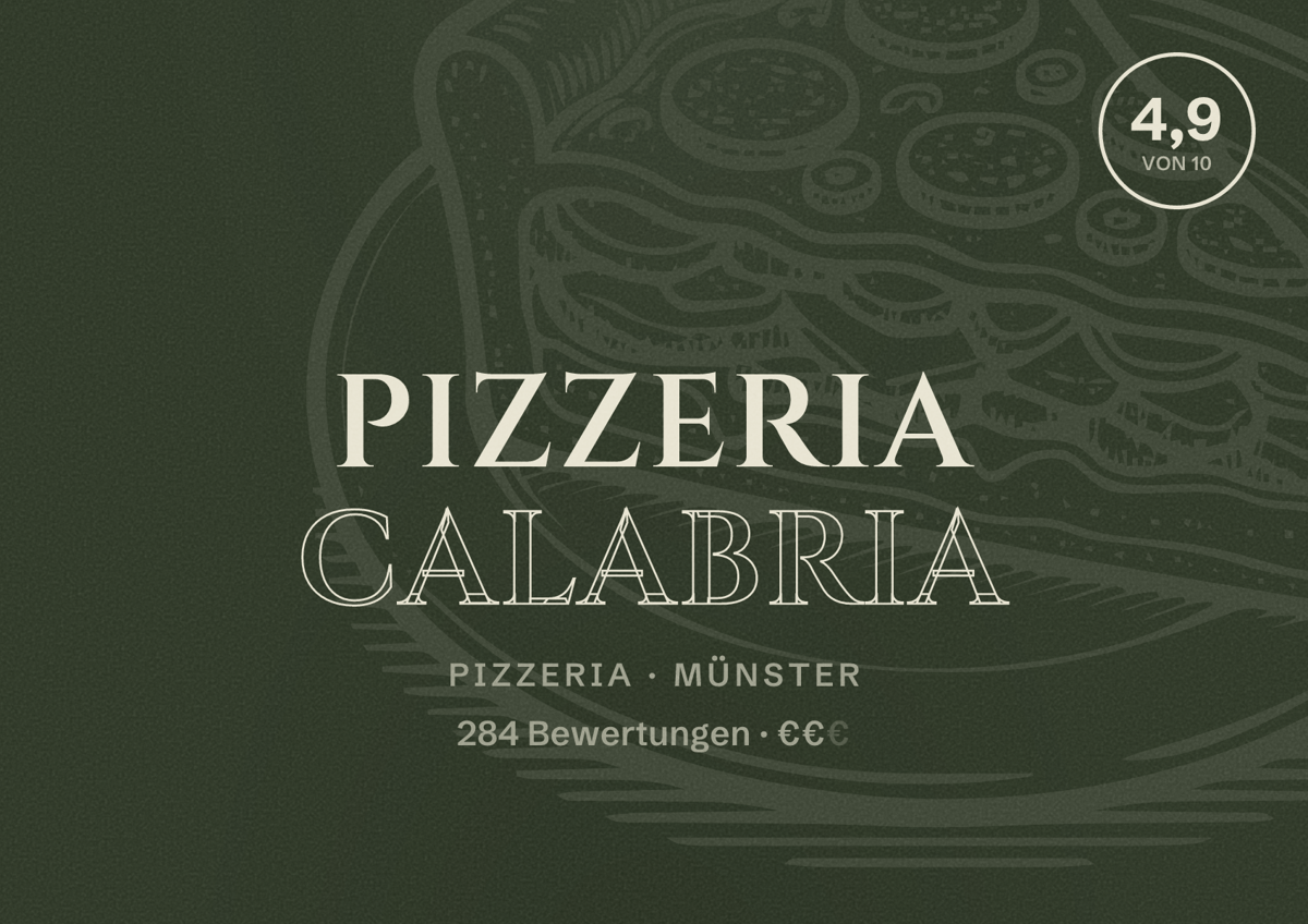 Illustriertes Poster von Pizzeria Calabria, Pizzeria in Münster: Bewertung 4,9 von 10 aus 284 Bewertungen, Preisniveau €€