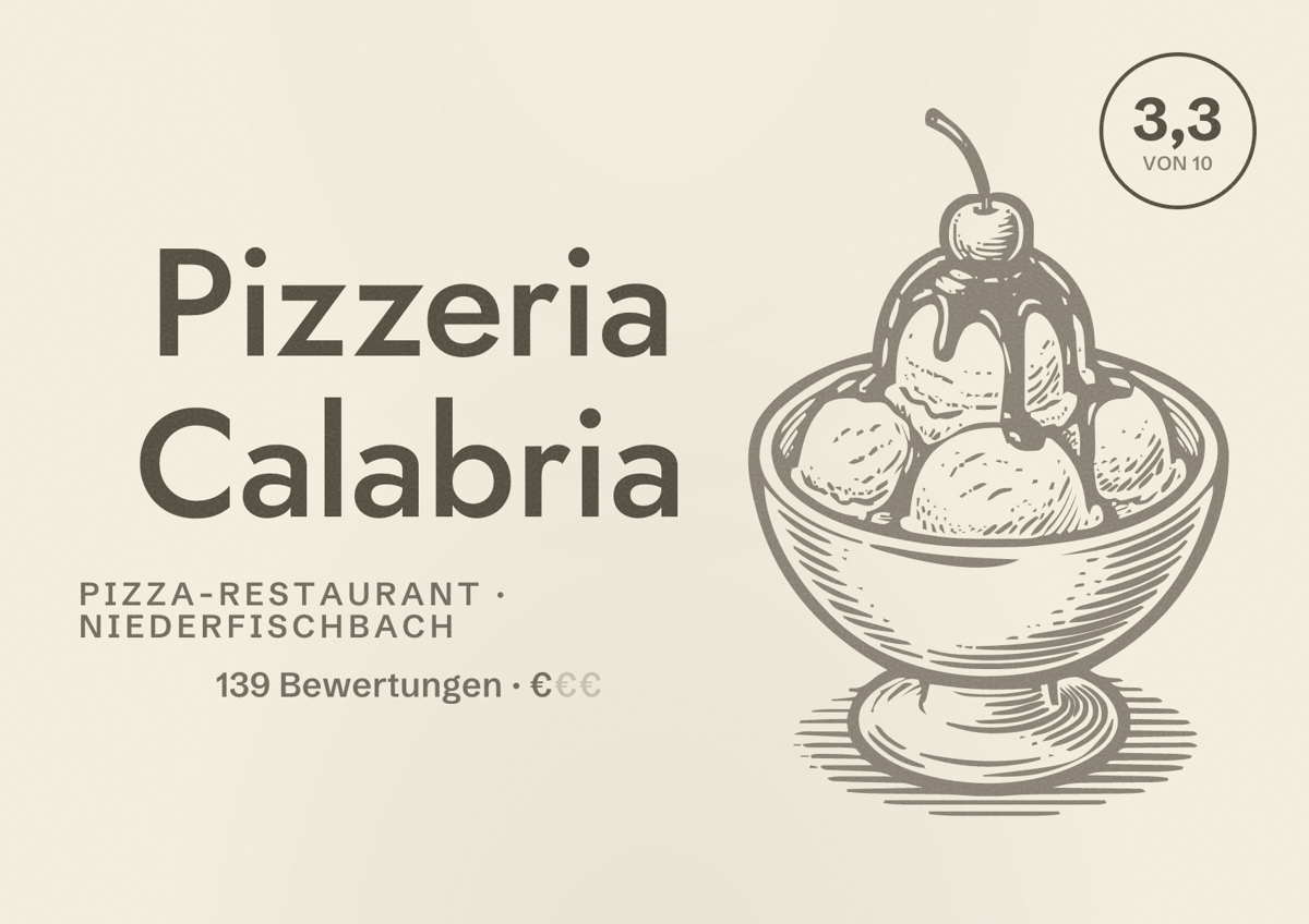 Illustriertes Poster von Pizzeria Calabria, Pizza-Restaurant in Niederfischbach: Bewertung 3,3 von 10 aus 139 Bewertungen, Preisniveau €
