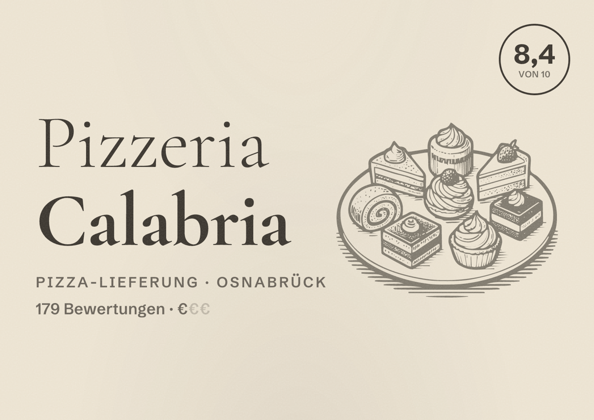 Illustriertes Poster von Pizzeria Calabria, Pizza-Lieferung in Osnabrück: Bewertung 8,4 von 10 aus 179 Bewertungen, Preisniveau €