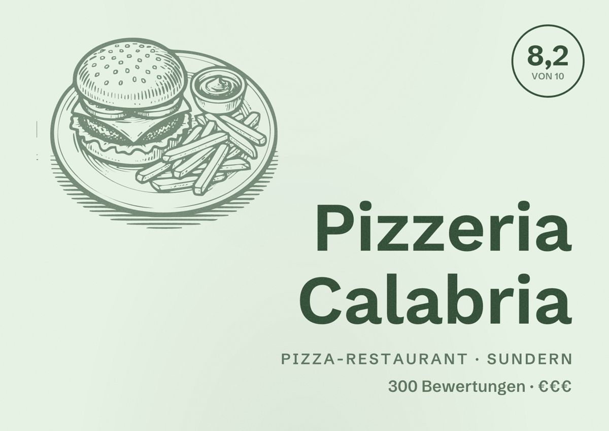 Illustriertes Poster von Pizzeria Calabria, Pizza-Restaurant in Sundern: Bewertung 8,2 von 10 aus 300 Bewertungen, Preisniveau €€€