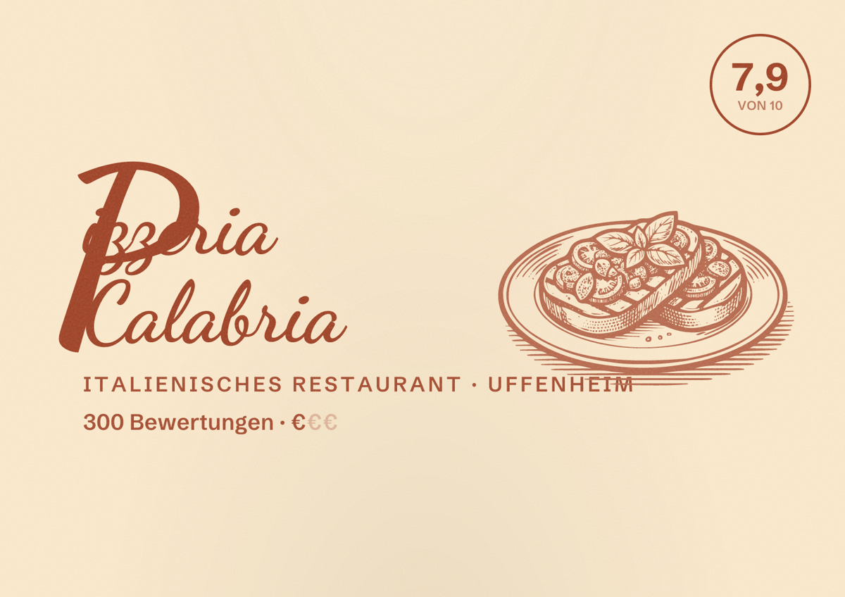 Illustriertes Poster von Pizzeria Calabria, Italienisches Restaurant in Uffenheim: Bewertung 7,9 von 10 aus 300 Bewertungen, Preisniveau €