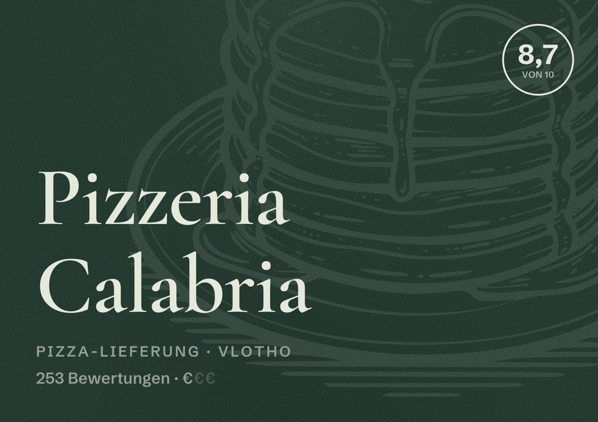 Illustriertes Poster von Pizzeria Calabria, Pizza-Lieferung in Vlotho: Bewertung 8,7 von 10 aus 253 Bewertungen, Preisniveau €