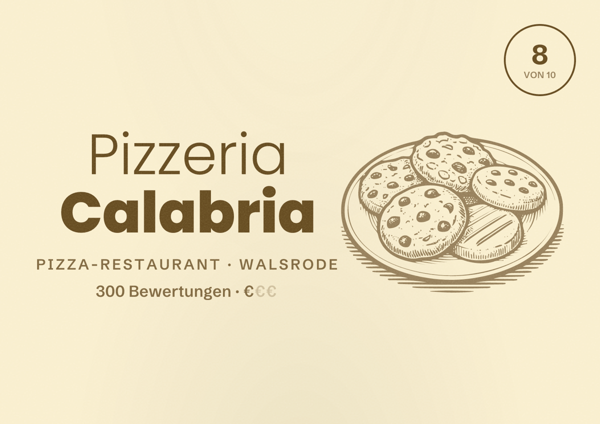 Illustriertes Poster von Pizzeria Calabria, Pizza-Restaurant in Walsrode: Bewertung 8 von 10 aus 300 Bewertungen, Preisniveau €