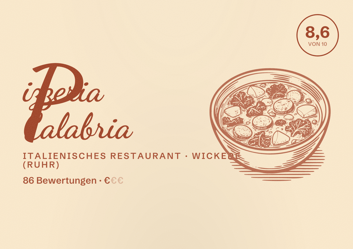 Illustriertes Poster von Pizzeria Calabria, Italienisches Restaurant in Wickede (Ruhr): Bewertung 8,6 von 10 aus 86 Bewertungen, Preisniveau €