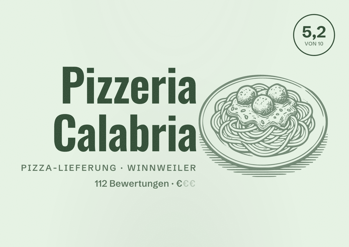 Illustriertes Poster von Pizzeria Calabria, Pizza-Lieferung in Winnweiler: Bewertung 5,2 von 10 aus 112 Bewertungen, Preisniveau €