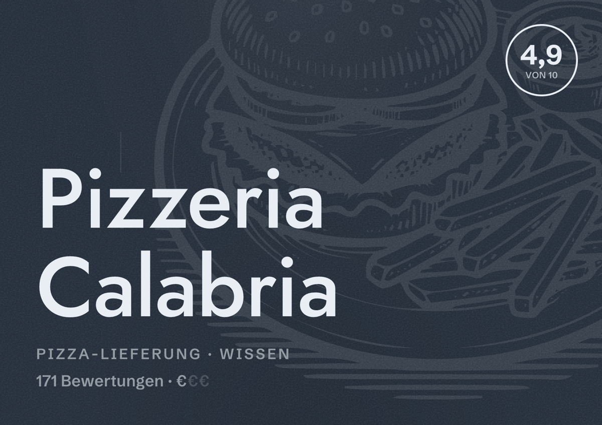 Illustriertes Poster von Pizzeria Calabria, Pizza-Lieferung in Wissen: Bewertung 4,9 von 10 aus 171 Bewertungen, Preisniveau €
