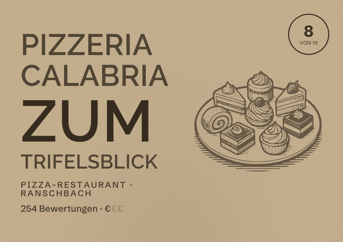 Illustriertes Poster von Pizzeria Calabria Zum Trifelsblick, Pizza-Restaurant in Ranschbach: Bewertung 8 von 10 aus 254 Bewertungen, Preisniveau €