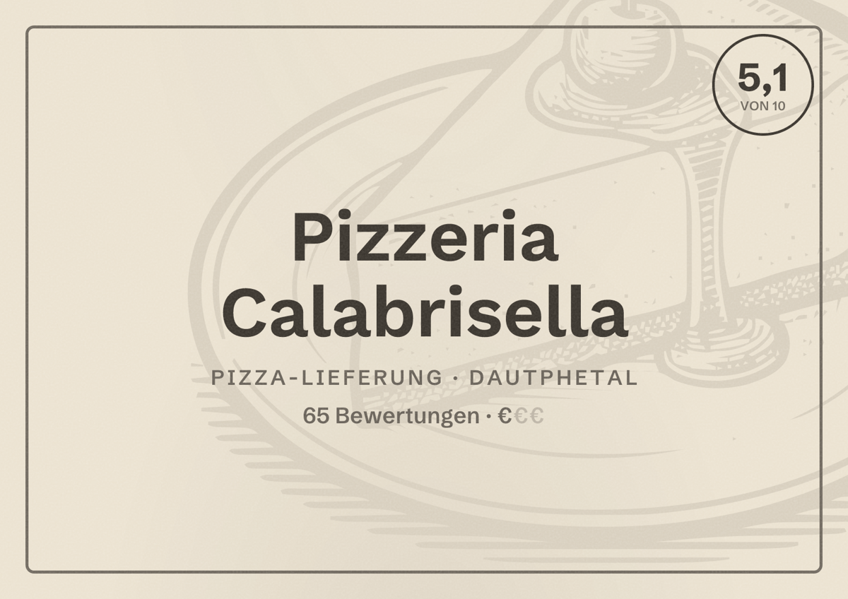Illustriertes Poster von Pizzeria Calabrisella, Pizza-Lieferung in Dautphetal: Bewertung 5,1 von 10 aus 65 Bewertungen, Preisniveau €