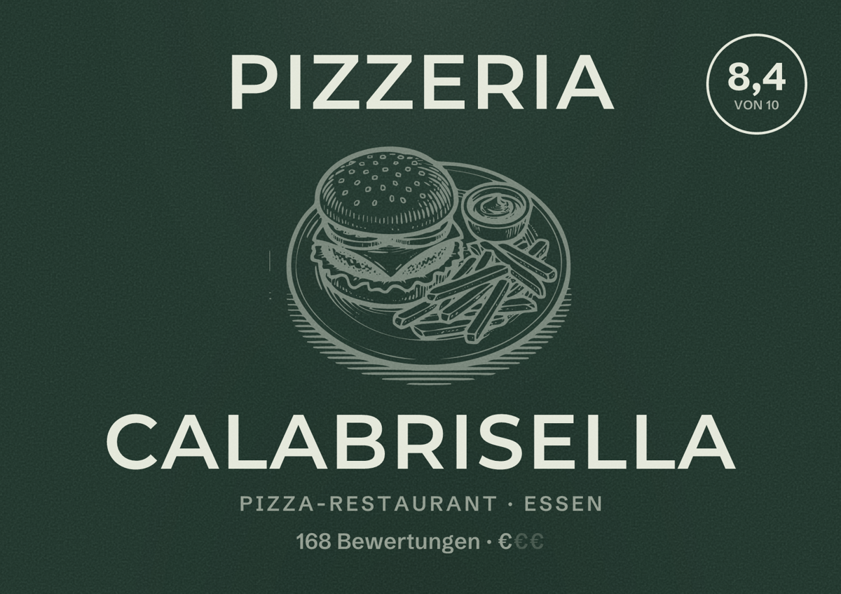 Illustriertes Poster von Pizzeria Calabrisella, Pizza-Restaurant in Essen: Bewertung 8,4 von 10 aus 168 Bewertungen, Preisniveau €