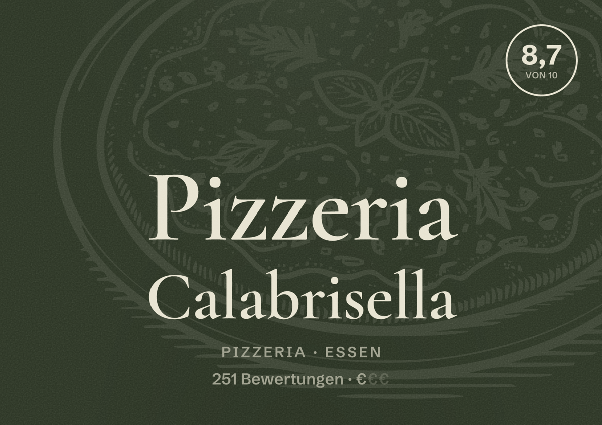 Illustriertes Poster von Pizzeria Calabrisella, Pizzeria in Essen: Bewertung 8,7 von 10 aus 251 Bewertungen, Preisniveau €