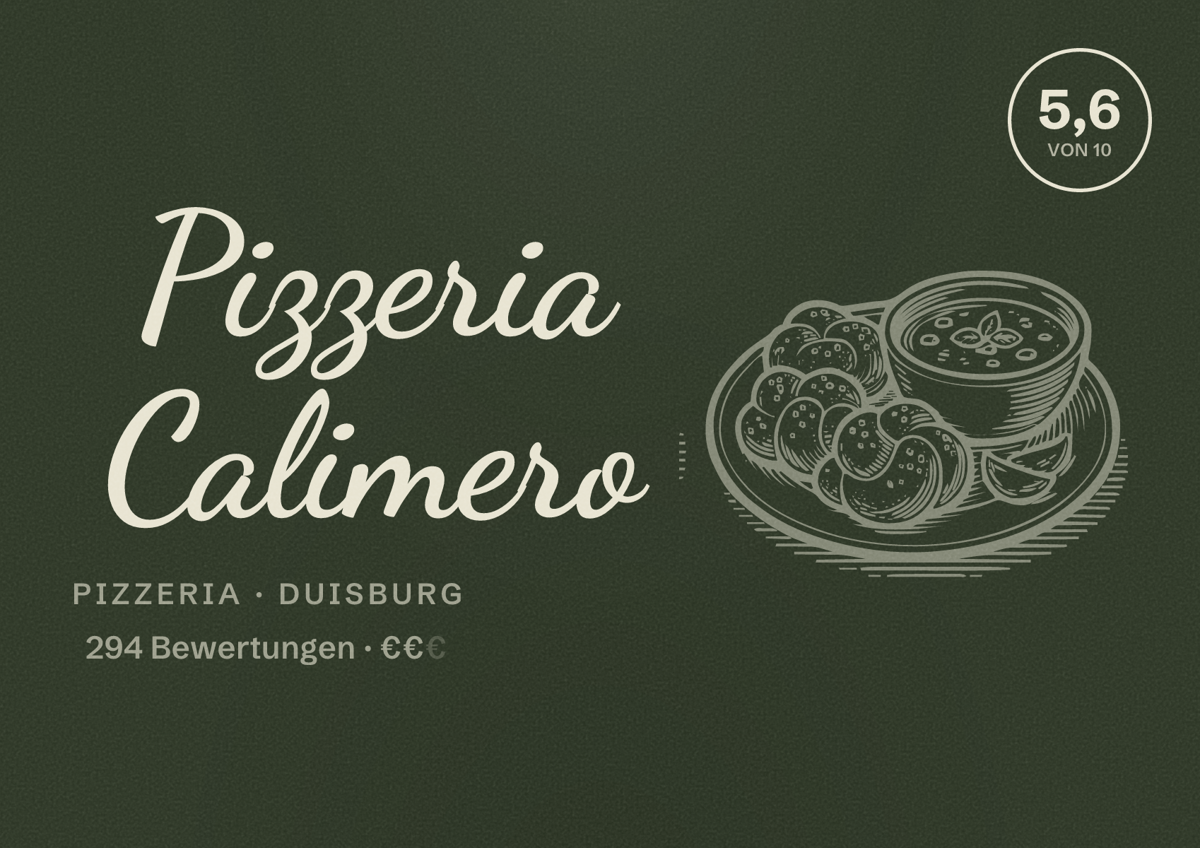 Illustriertes Poster von Pizzeria Calimero, Pizzeria in Duisburg: Bewertung 5,6 von 10 aus 294 Bewertungen, Preisniveau €€