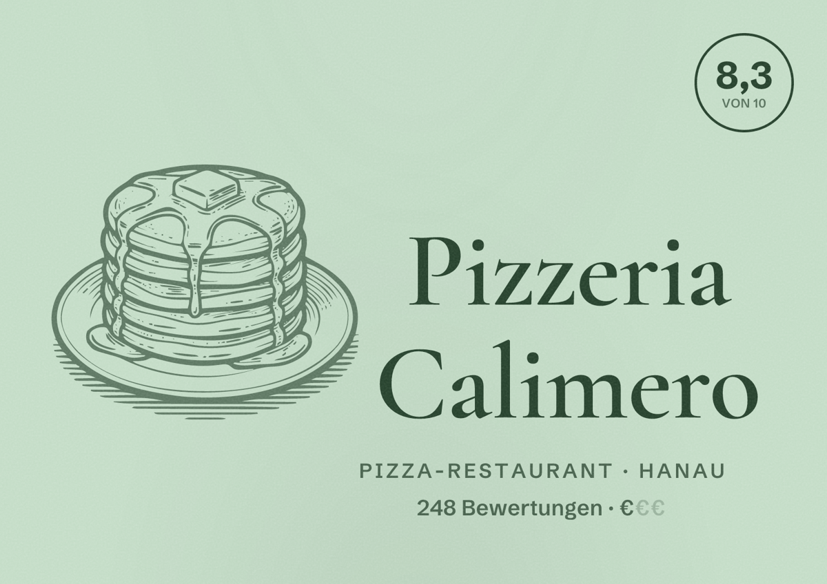 Illustriertes Poster von Pizzeria Calimero, Pizza-Restaurant in Hanau: Bewertung 8,3 von 10 aus 248 Bewertungen, Preisniveau €