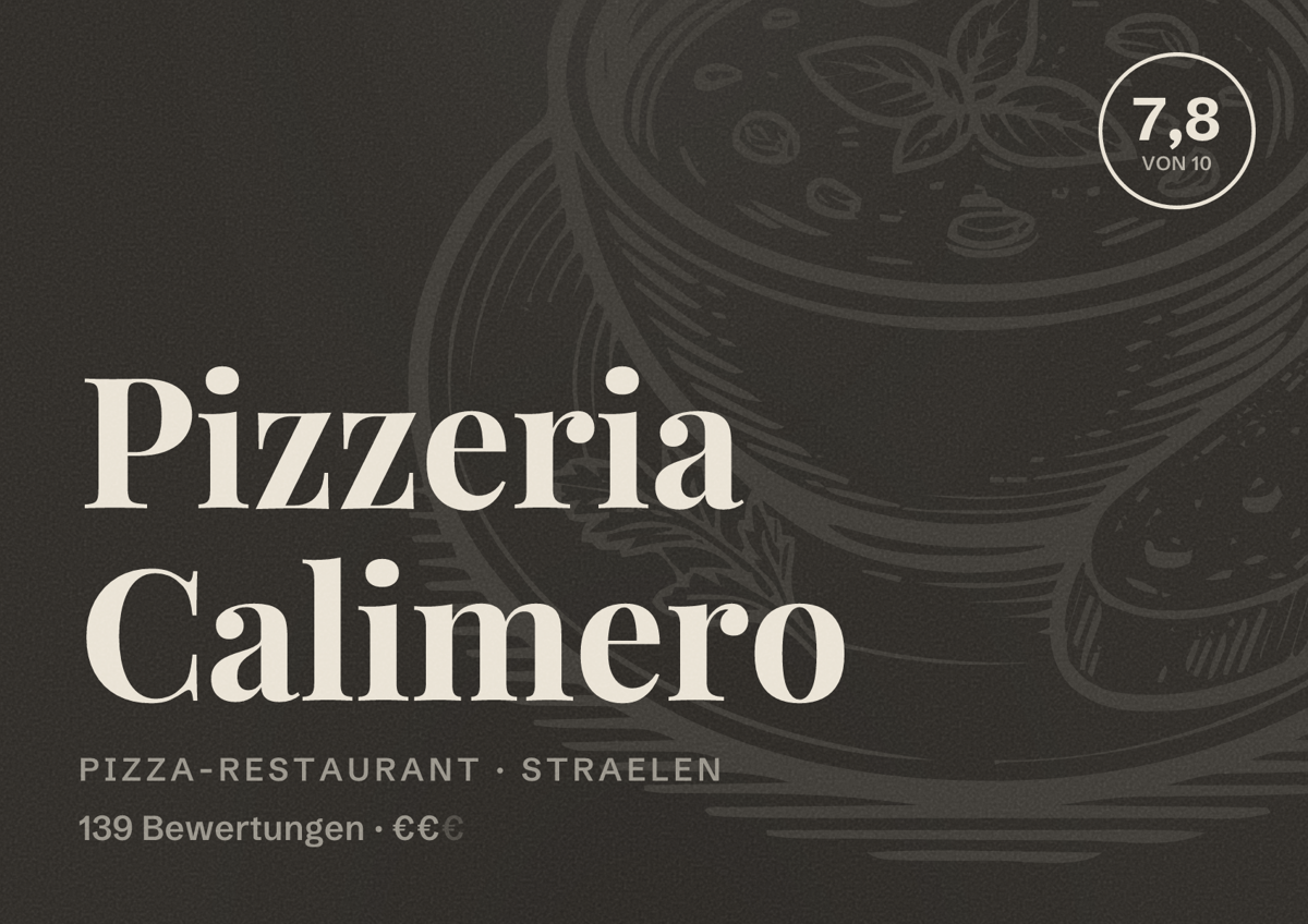 Illustriertes Poster von Pizzeria Calimero, Pizza-Restaurant in Straelen: Bewertung 7,8 von 10 aus 139 Bewertungen, Preisniveau €€