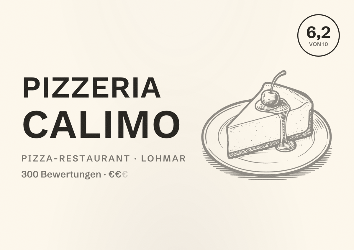 Illustriertes Poster von Pizzeria Calimo, Pizza-Restaurant in Lohmar: Bewertung 6,2 von 10 aus 300 Bewertungen, Preisniveau €€