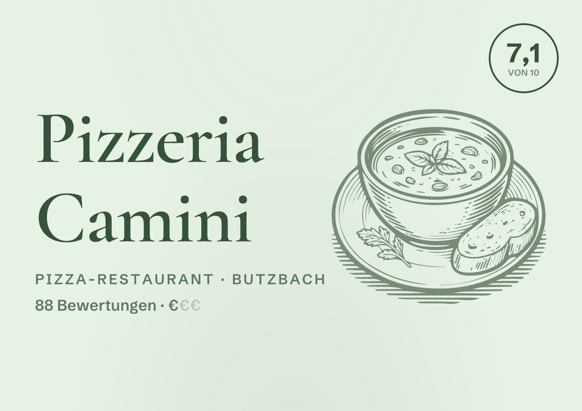 Illustriertes Poster von Pizzeria Camini, Pizza-Restaurant in Butzbach: Bewertung 7,1 von 10 aus 88 Bewertungen, Preisniveau €