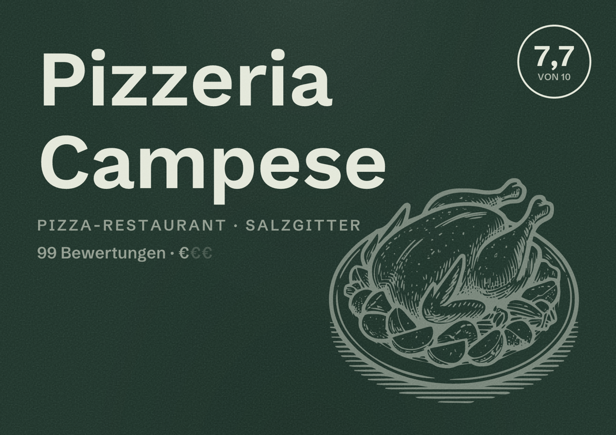 Illustriertes Poster von Pizzeria Campese, Pizza-Restaurant in Salzgitter: Bewertung 7,7 von 10 aus 99 Bewertungen, Preisniveau €