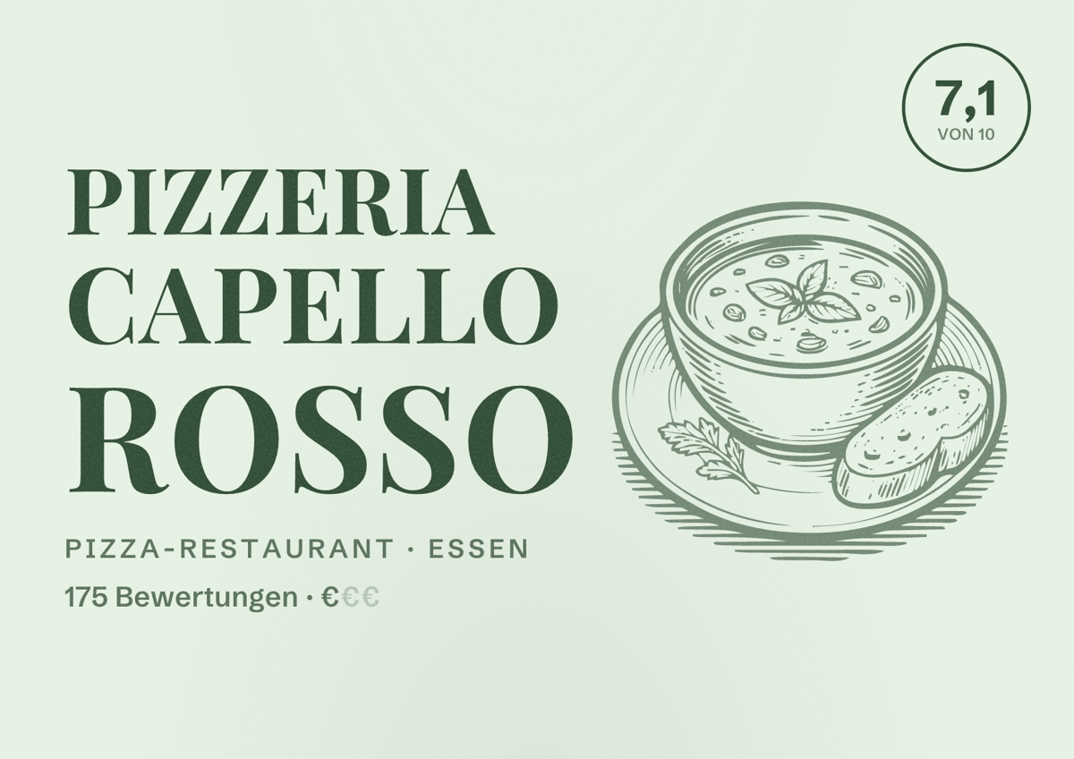 Illustriertes Poster von Pizzeria Capello Rosso, Pizza-Restaurant in Essen: Bewertung 7,1 von 10 aus 175 Bewertungen, Preisniveau €