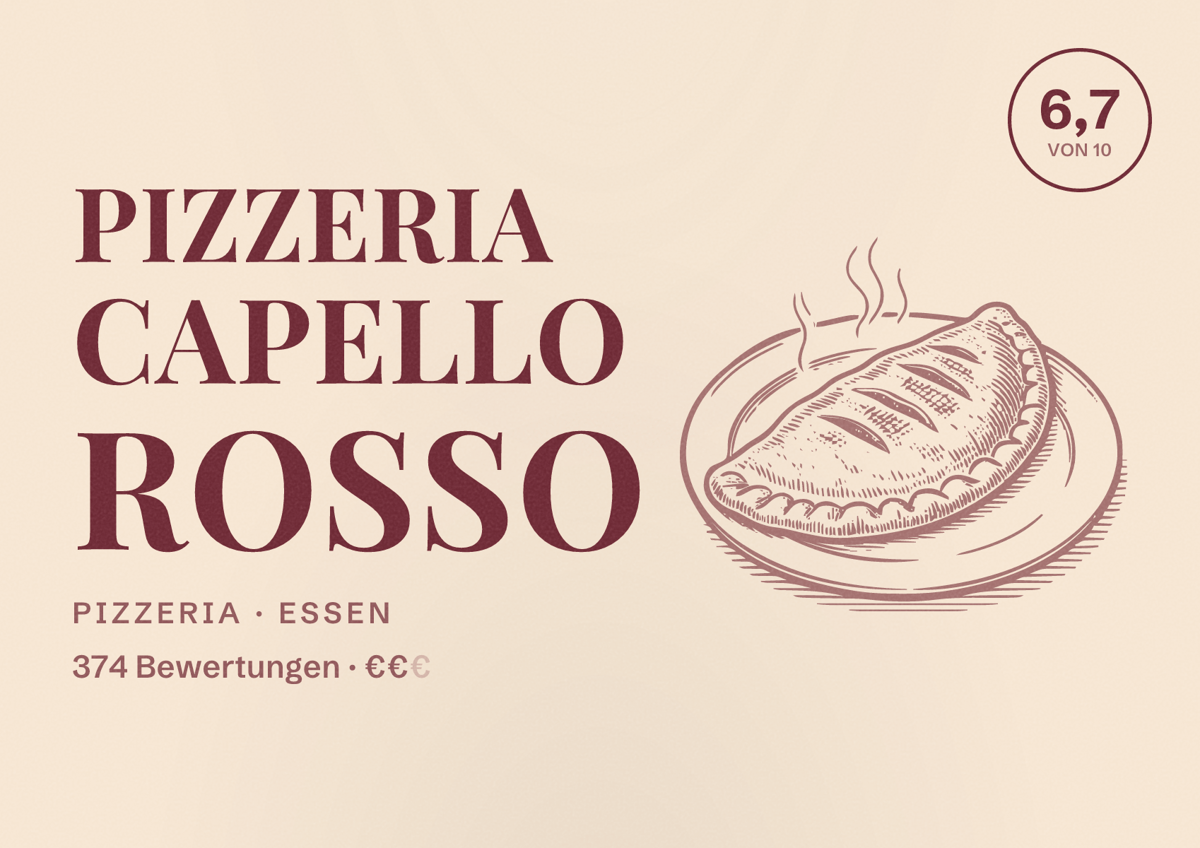 Illustriertes Poster von Pizzeria Capello Rosso, Pizzeria in Essen: Bewertung 6,7 von 10 aus 374 Bewertungen, Preisniveau €€