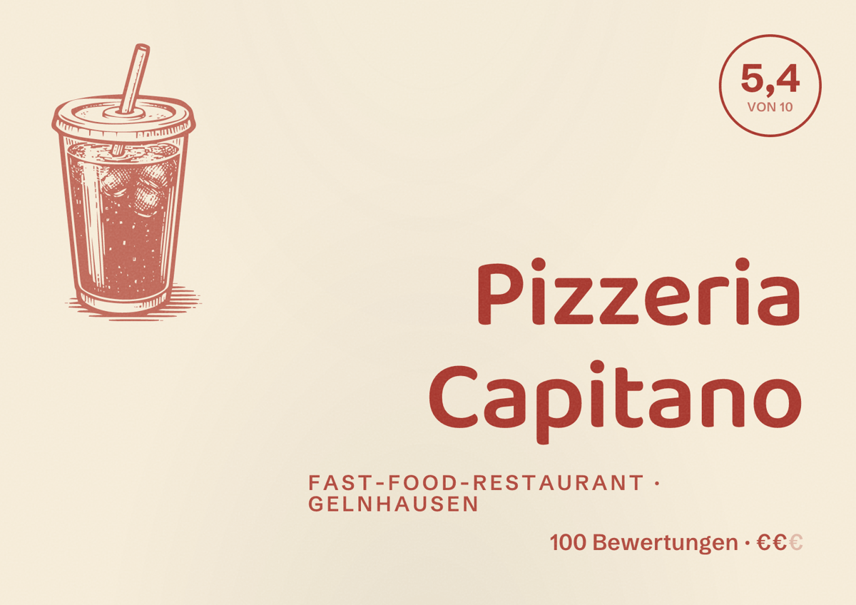 Illustriertes Poster von Pizzeria Capitano, Fast-Food-Restaurant in Gelnhausen: Bewertung 5,4 von 10 aus 100 Bewertungen, Preisniveau €€