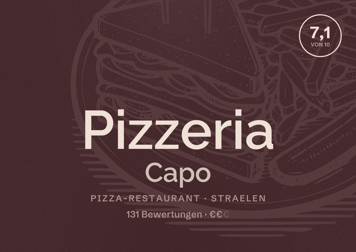 Illustriertes Poster von Pizzeria Capo, Pizza-Restaurant in Straelen: Bewertung 7,1 von 10 aus 131 Bewertungen, Preisniveau €€