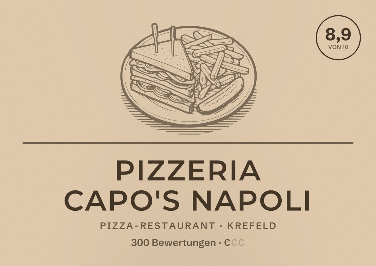 Illustriertes Poster von Pizzeria Capo's Napoli, Pizza-Restaurant in Krefeld: Bewertung 8,9 von 10 aus 300 Bewertungen, Preisniveau €