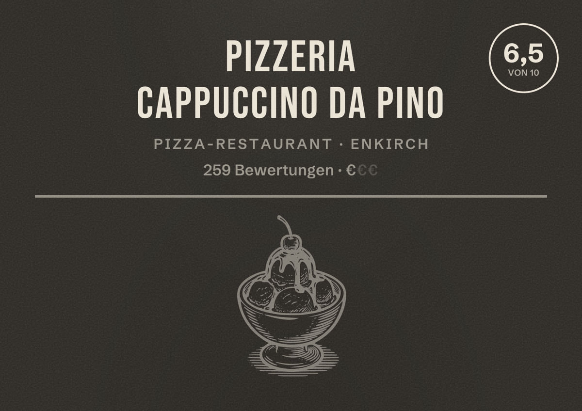 Illustriertes Poster von Pizzeria Cappuccino Da Pino, Pizza-Restaurant in Enkirch: Bewertung 6,5 von 10 aus 259 Bewertungen, Preisniveau €