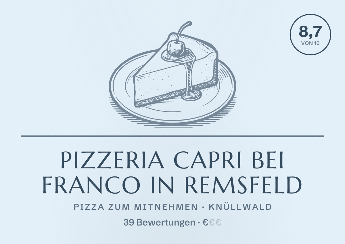 Illustriertes Poster von Pizzeria Capri bei Franco in Remsfeld, Pizza zum Mitnehmen in Knüllwald: Bewertung 8,7 von 10 aus 39 Bewertungen, Preisniveau €