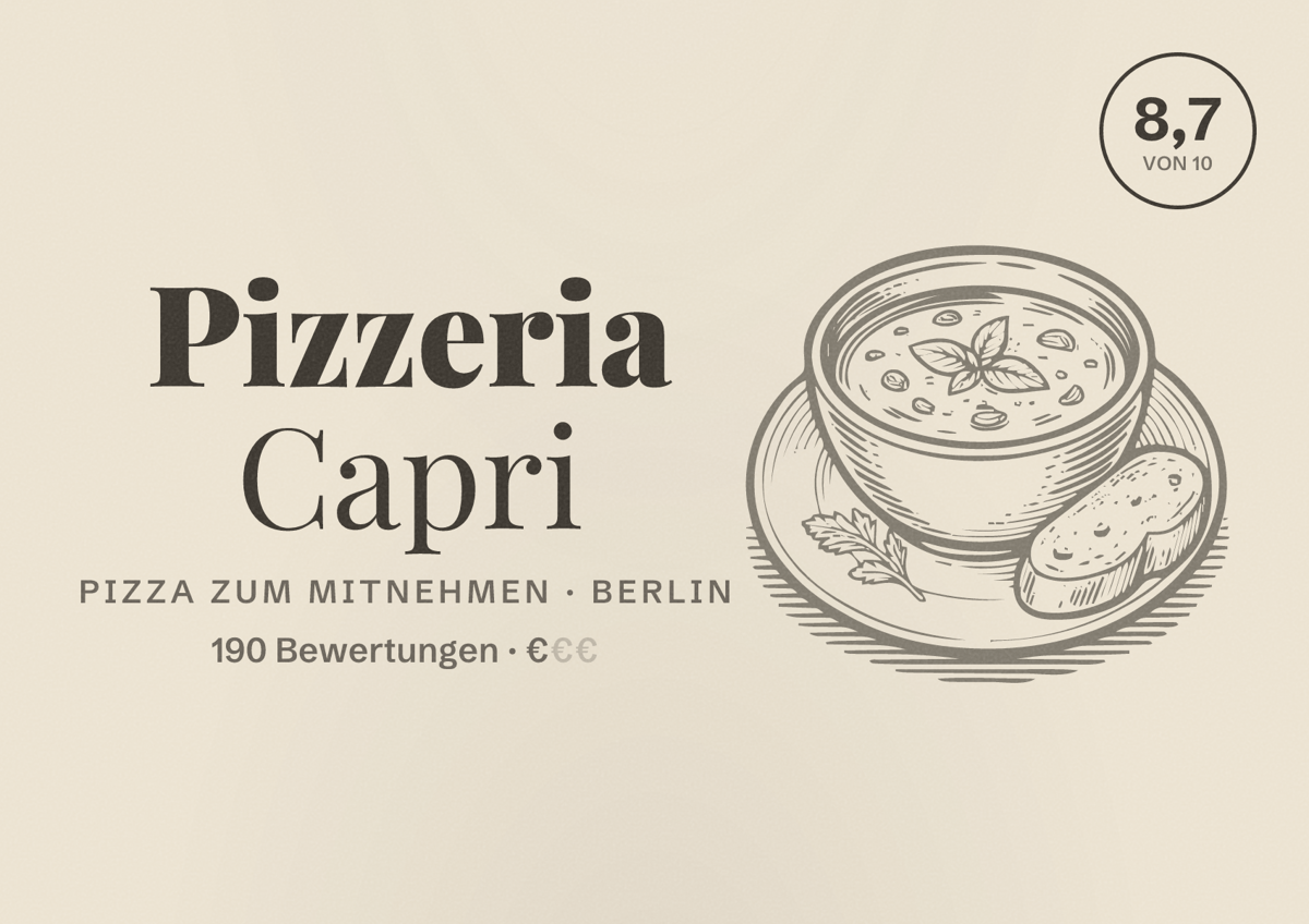 Illustriertes Poster von Pizzeria Capri, Pizza zum Mitnehmen in Berlin: Bewertung 8,7 von 10 aus 190 Bewertungen, Preisniveau €