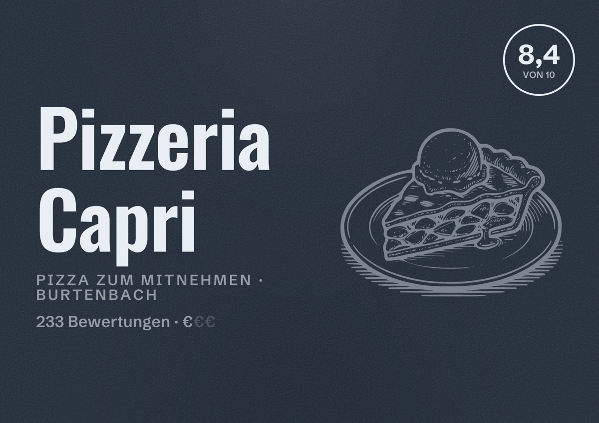 Illustriertes Poster von Pizzeria Capri, Pizza zum Mitnehmen in Burtenbach: Bewertung 8,4 von 10 aus 233 Bewertungen, Preisniveau €
