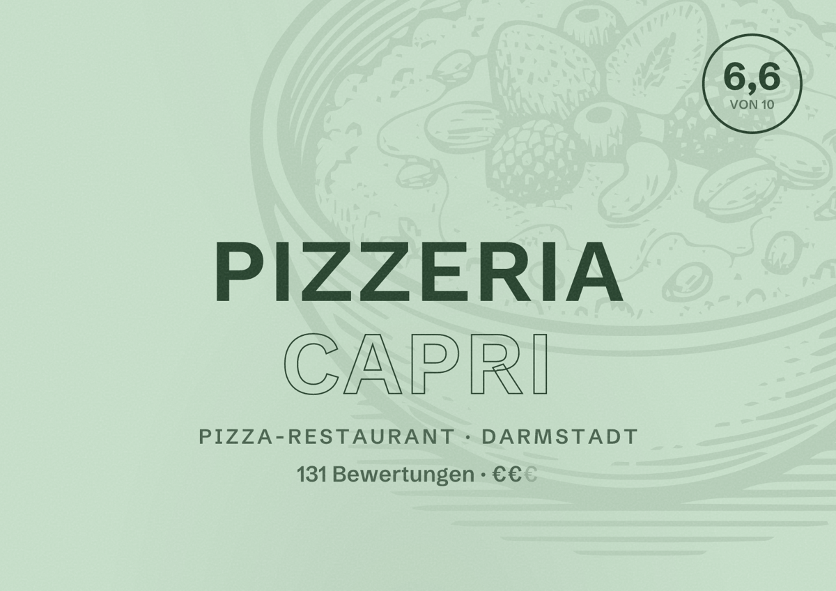 Illustriertes Poster von Pizzeria Capri, Pizza-Restaurant in Darmstadt: Bewertung 6,6 von 10 aus 131 Bewertungen, Preisniveau €€