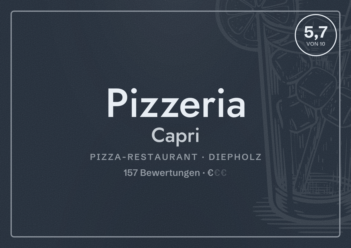 Illustriertes Poster von Pizzeria Capri, Pizza-Restaurant in Diepholz: Bewertung 5,7 von 10 aus 157 Bewertungen, Preisniveau €
