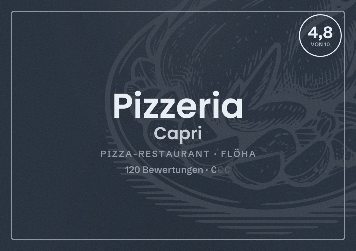 Illustriertes Poster von Pizzeria Capri, Pizza-Restaurant in Flöha: Bewertung 4,8 von 10 aus 120 Bewertungen, Preisniveau €