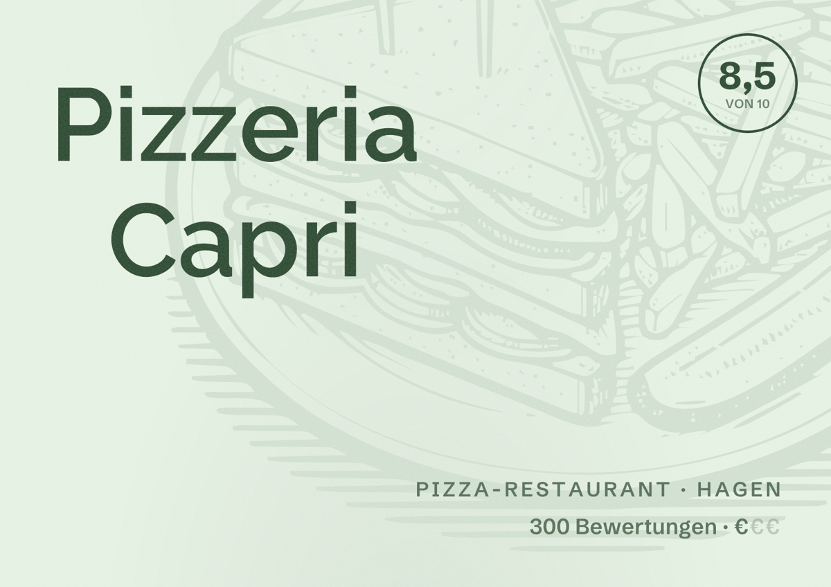 Illustriertes Poster von Pizzeria Capri, Pizza-Restaurant in Hagen: Bewertung 8,5 von 10 aus 300 Bewertungen, Preisniveau €