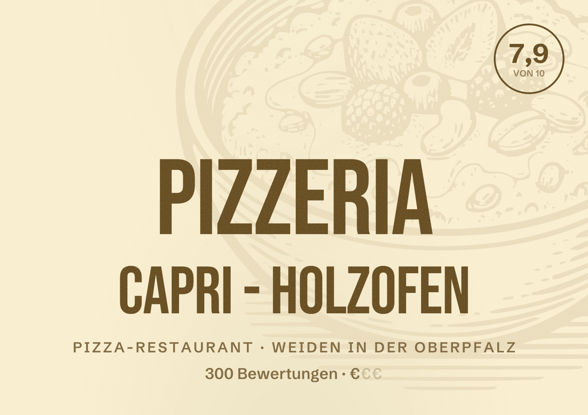 Illustriertes Poster von Pizzeria Capri - Holzofen, Pizza-Restaurant in Weiden in der Oberpfalz: Bewertung 7,9 von 10 aus 300 Bewertungen, Preisniveau €