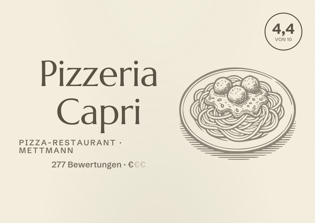 Illustriertes Poster von Pizzeria Capri, Pizza-Restaurant in Mettmann: Bewertung 4,4 von 10 aus 277 Bewertungen, Preisniveau €