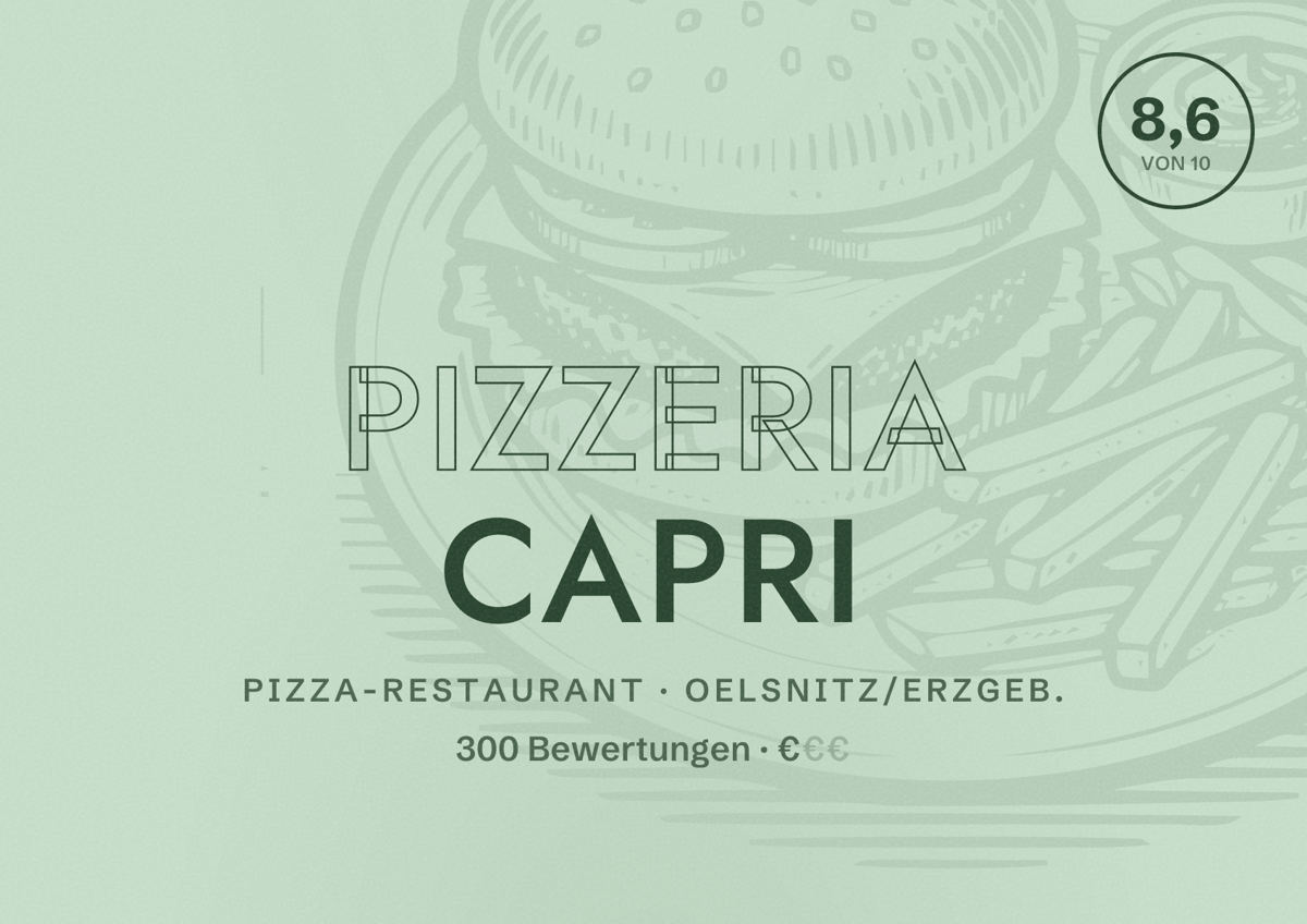 Illustriertes Poster von Pizzeria Capri, Pizza-Restaurant in Oelsnitz/Erzgeb.: Bewertung 8,6 von 10 aus 300 Bewertungen, Preisniveau €