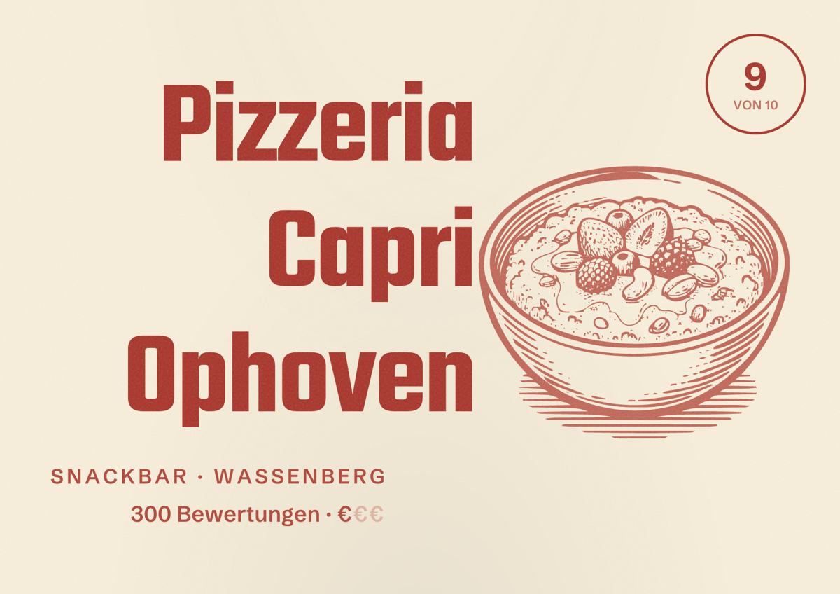 Illustriertes Poster von Pizzeria Capri Ophoven, Snackbar in Wassenberg: Bewertung 9 von 10 aus 300 Bewertungen, Preisniveau €