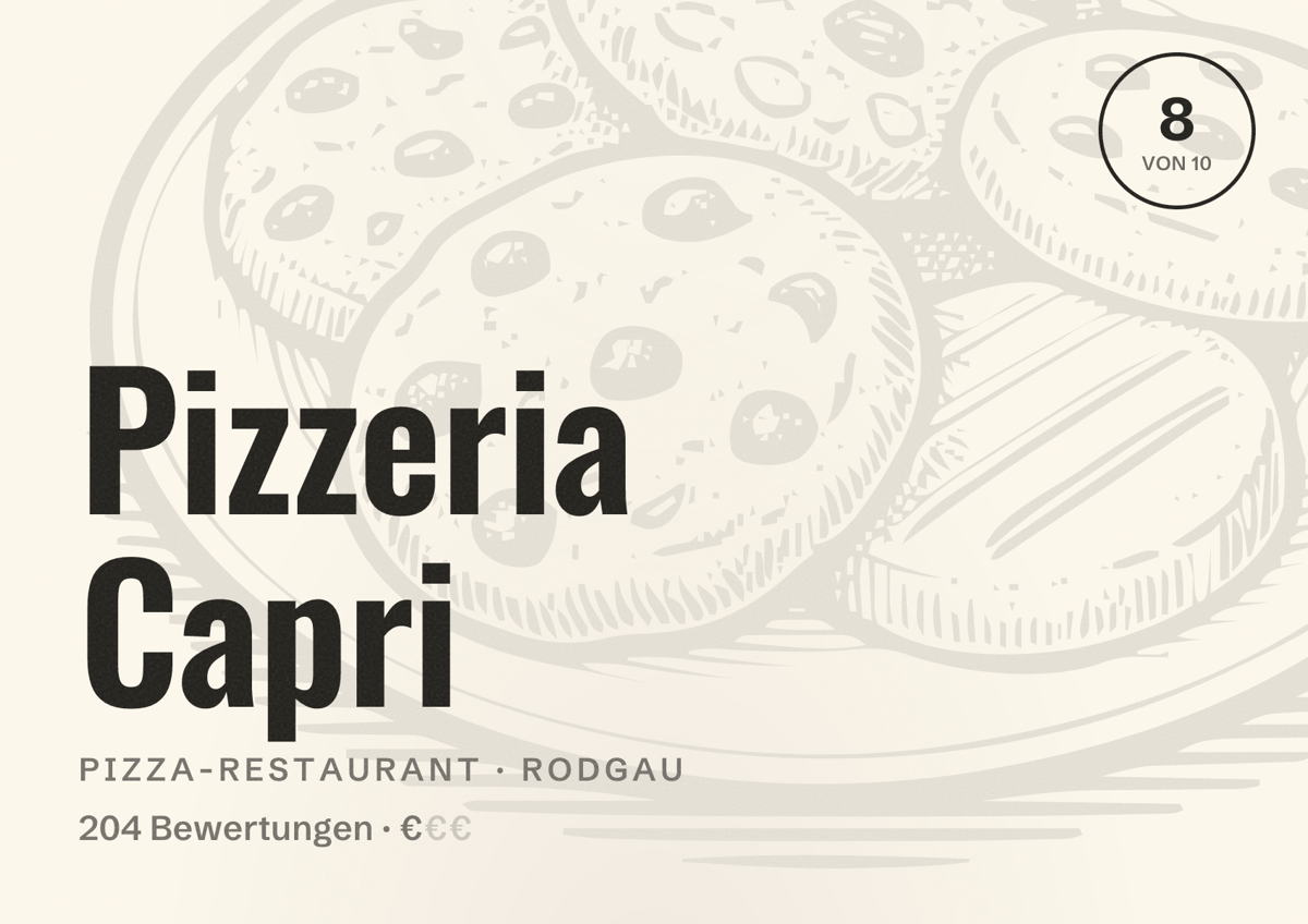 Illustriertes Poster von Pizzeria Capri, Pizza-Restaurant in Rodgau: Bewertung 8 von 10 aus 204 Bewertungen, Preisniveau €