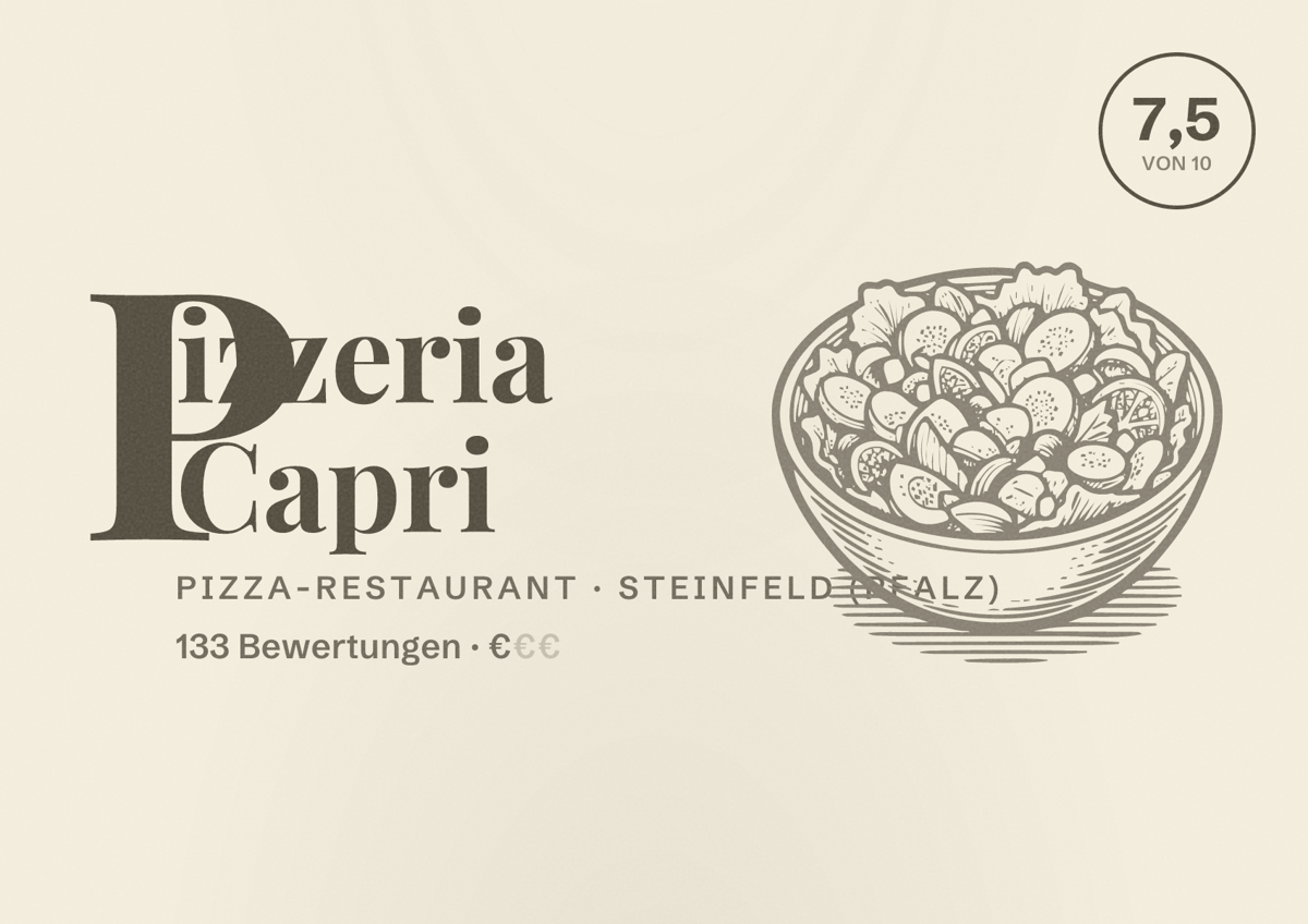Illustriertes Poster von Pizzeria Capri, Pizza-Restaurant in Steinfeld (Pfalz): Bewertung 7,5 von 10 aus 133 Bewertungen, Preisniveau €