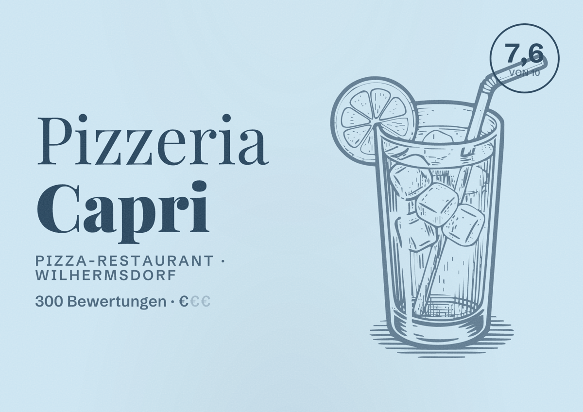 Illustriertes Poster von Pizzeria Capri, Pizza-Restaurant in Wilhermsdorf: Bewertung 7,6 von 10 aus 300 Bewertungen, Preisniveau €