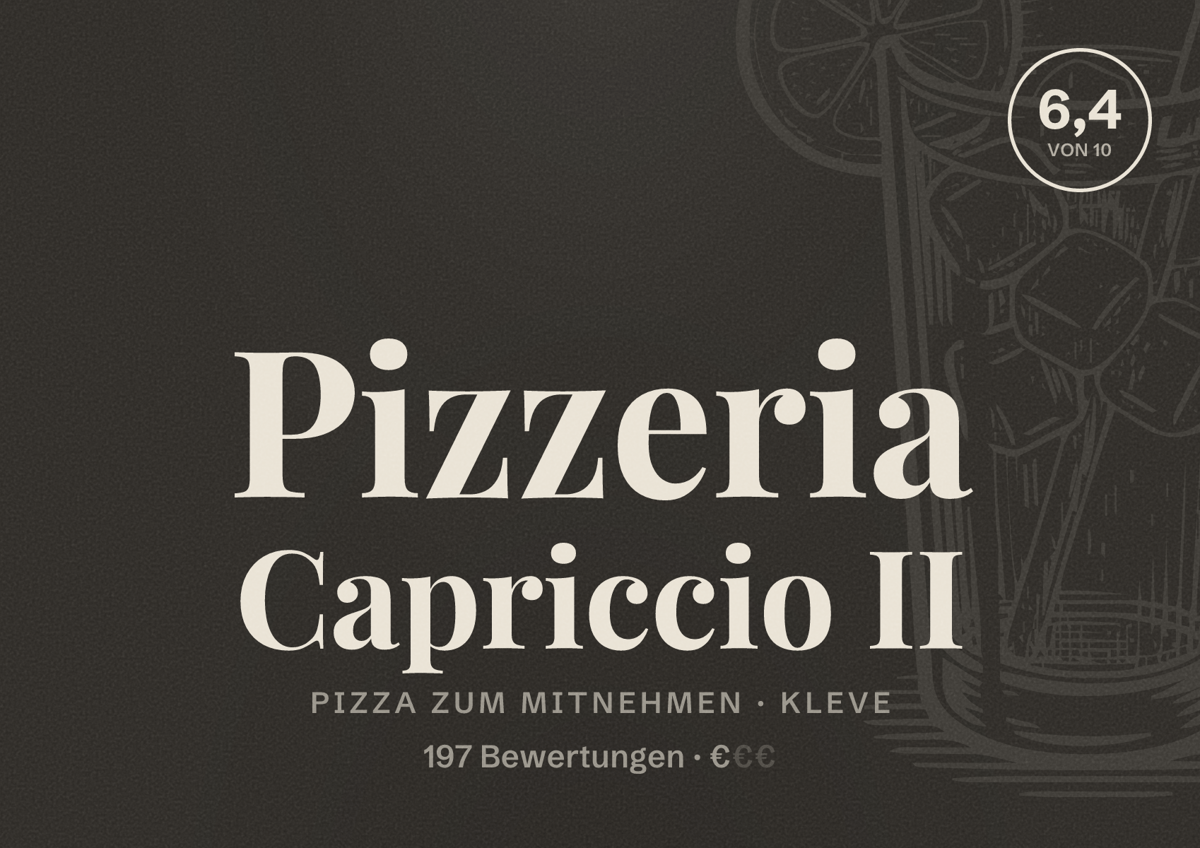 Illustriertes Poster von Pizzeria Capriccio II, Pizza zum Mitnehmen in Kleve: Bewertung 6,4 von 10 aus 197 Bewertungen, Preisniveau €