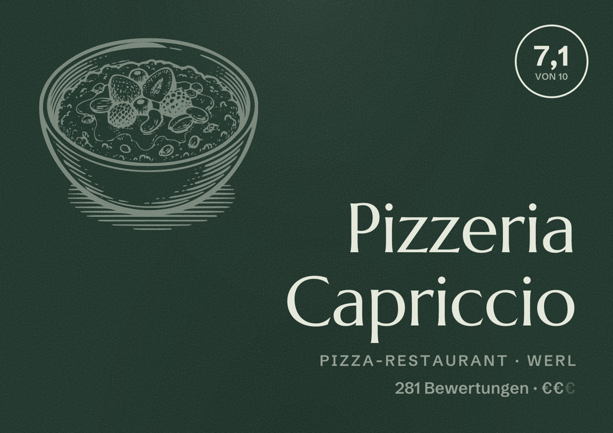 Illustriertes Poster von Pizzeria Capriccio, Pizza-Restaurant in Werl: Bewertung 7,1 von 10 aus 281 Bewertungen, Preisniveau €€