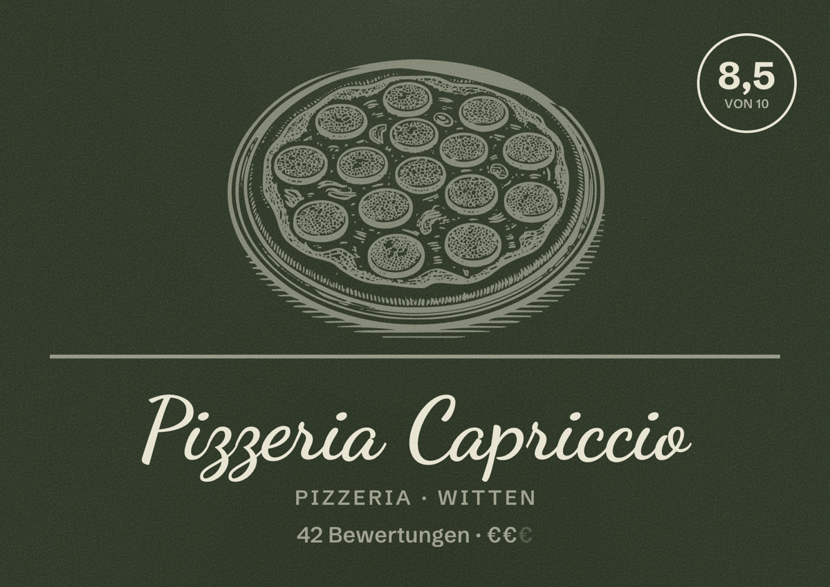 Illustriertes Poster von Pizzeria Capriccio, Pizzeria in Witten: Bewertung 8,5 von 10 aus 42 Bewertungen, Preisniveau €€