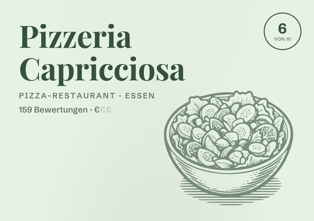 Illustriertes Poster von Pizzeria Capricciosa, Pizza-Restaurant in Essen: Bewertung 6 von 10 aus 159 Bewertungen, Preisniveau €