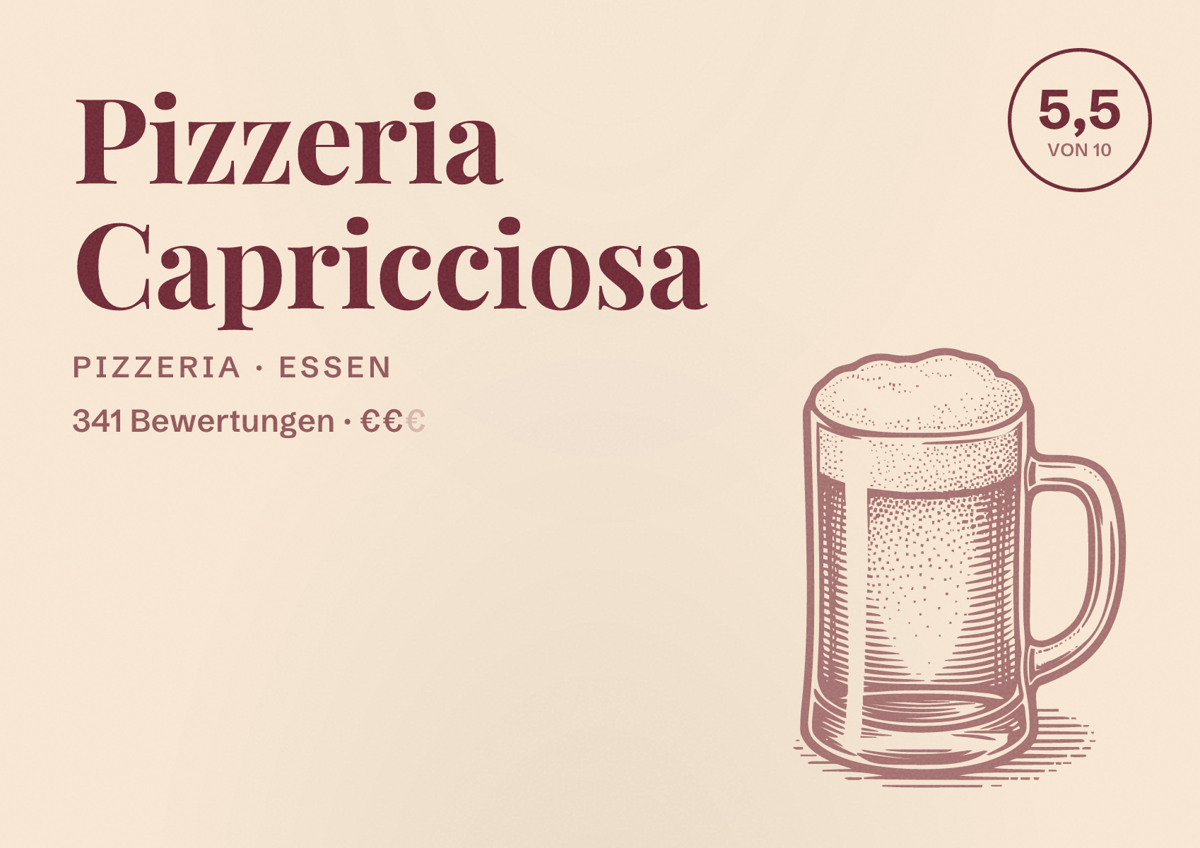 Illustriertes Poster von Pizzeria Capricciosa, Pizzeria in Essen: Bewertung 5,5 von 10 aus 341 Bewertungen, Preisniveau €€