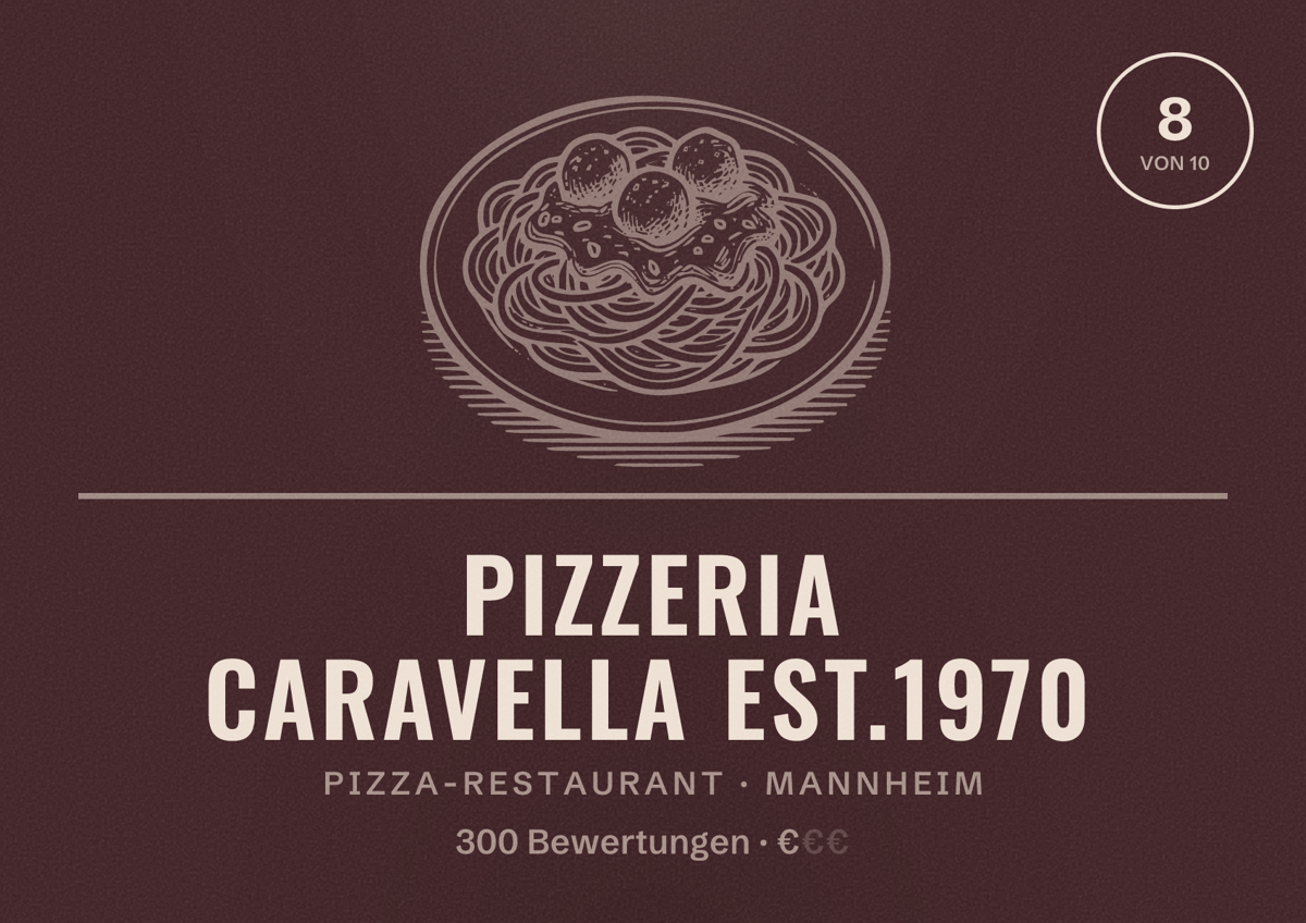 Illustriertes Poster von Pizzeria Caravella est.1970, Pizza-Restaurant in Mannheim: Bewertung 8 von 10 aus 300 Bewertungen, Preisniveau €