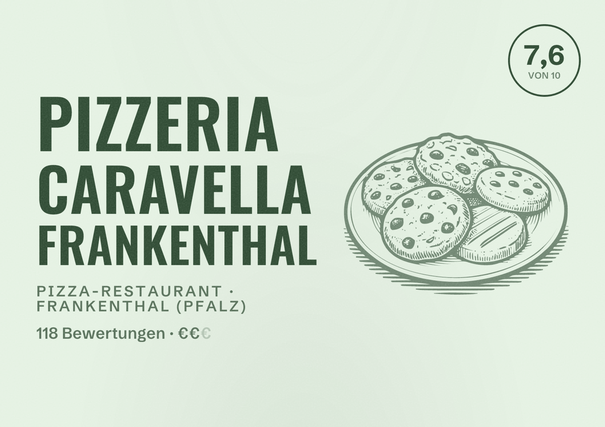 Illustriertes Poster von Pizzeria Caravella Frankenthal, Pizza-Restaurant in Frankenthal (Pfalz): Bewertung 7,6 von 10 aus 118 Bewertungen, Preisniveau €€